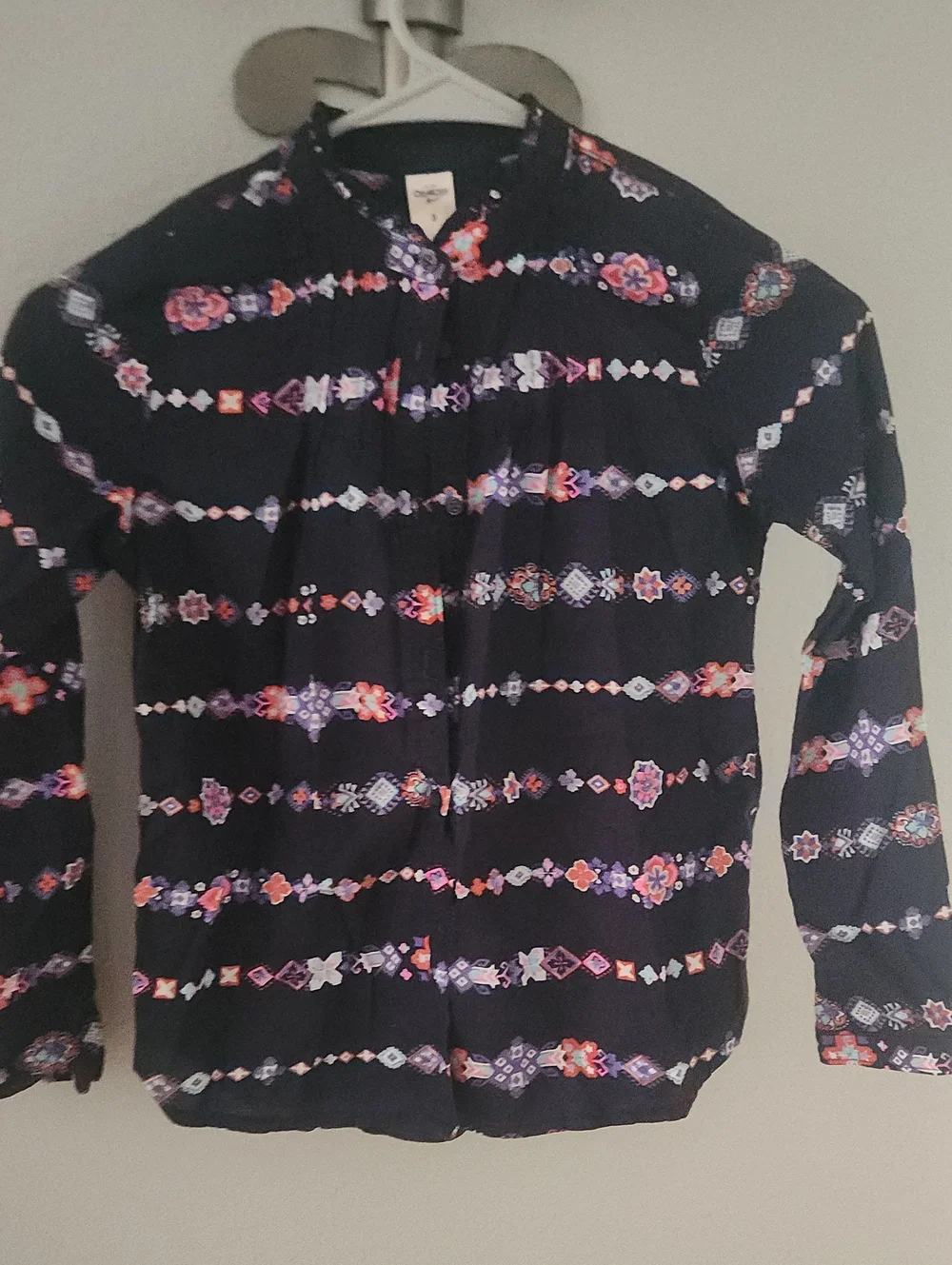 OshKosh B'gosh Girl's 8 Navy Button-Down Shirt with Pink & Floral Stripe Accents